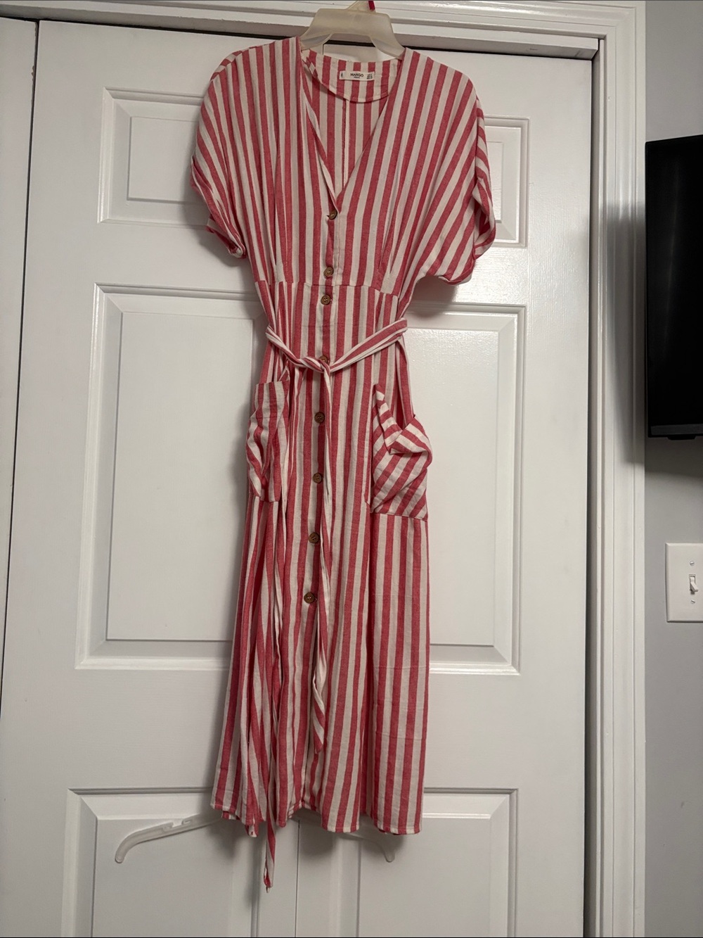 Mango Red and White Striped Button-Front Midi Dress xs